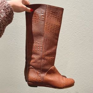 Rachel Comey Telegram Croc Tobacco Brown Leather Mini Wedge Flat Boots